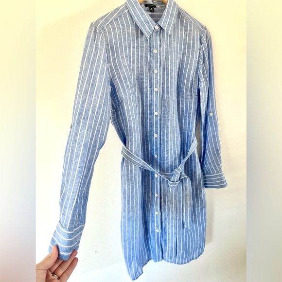 Ann Taylor Blue Striped Linen Full Button Front Belted Shirt Dress Size Medium - Picture 3 of 13